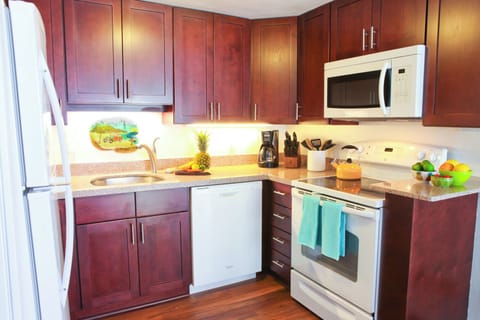 Kihei Sands B5 Kitchen - Completely remodeled kitchen has Quartz counters, helpful small appliances: coffee maker, blender, rice cooker, crock pot, etc., and everything you need for food preparation.