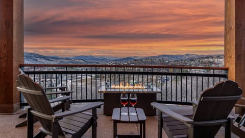 Outdoor fireplace on the main level deck