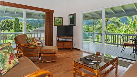 Hale Okale at Hanalei Bay - Living Room & Lanai View - Parrish Kauai