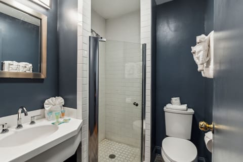 Combined shower/tub, free toiletries, hair dryer, towels