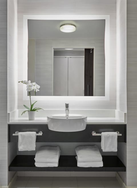 Designer toiletries, hair dryer, towels