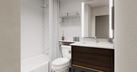 Desk, laptop workspace, blackout drapes, iron/ironing board