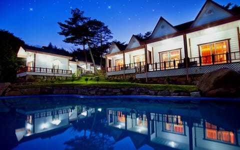 Seasonal outdoor pool, a natural pool, pool umbrellas, sun loungers
