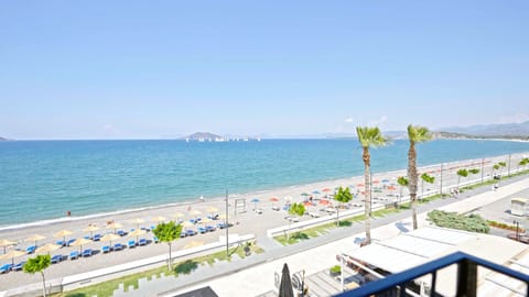 On the beach, sun loungers, beach umbrellas