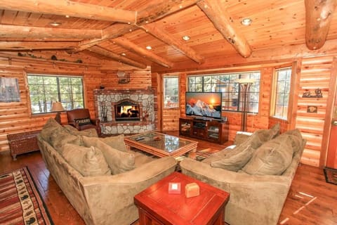 Living room with entertainment center, cable access and fireplace.
