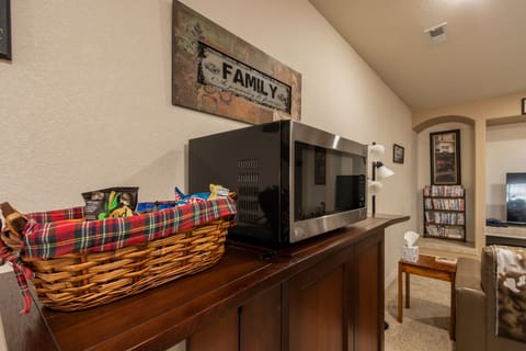 Full size microware and complementary snacks.