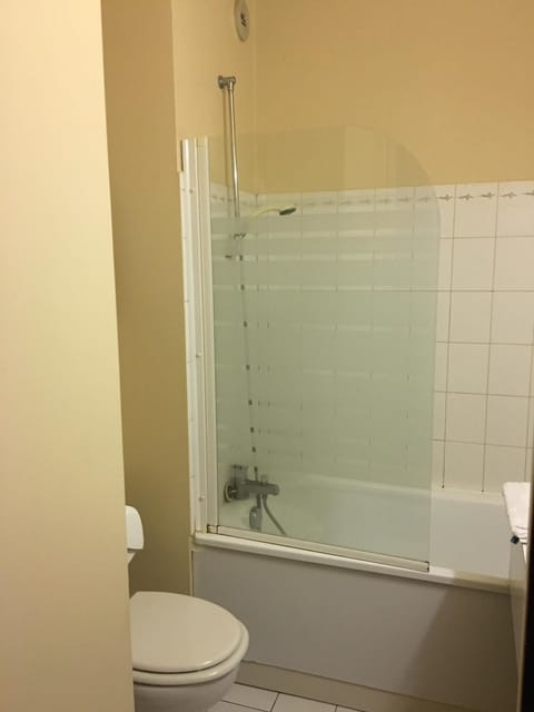 Combined shower/tub, free toiletries, hair dryer, towels