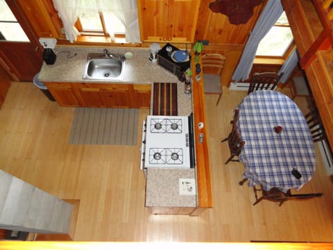 Looking down from catwalk to kitchen and dining.