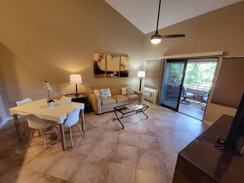 Living area set up with queen sofa sleeper and beautiful view of the grounds