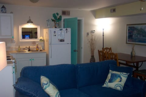 Behind couch is a sofa table providing more kitchen counter space