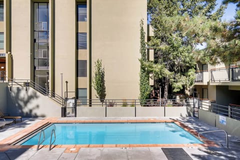 Modern residential complex featuring a clean swimming pool surrounded by contemporary apartment buildings and mature trees.