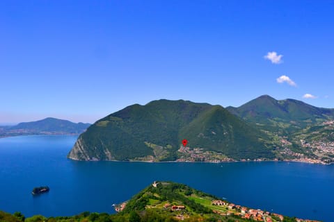 Our holiday home (red marker), seen from the world famous Monte Isola