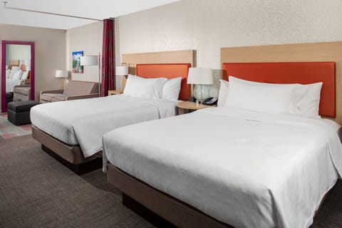 Desk, laptop workspace, blackout drapes, iron/ironing board