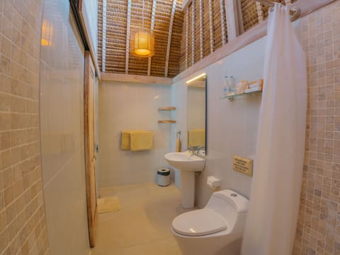 Shower, eco-friendly toiletries, towels