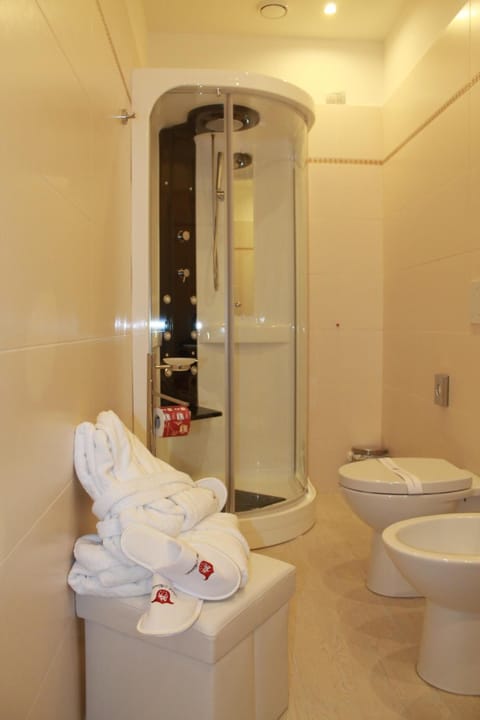 Shower, free toiletries, hair dryer, slippers