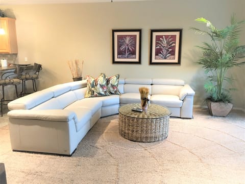 New leather sectional in family room.