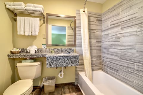 Designer toiletries, hair dryer, towels