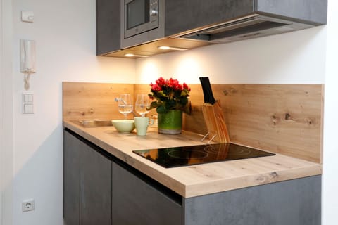 Fridge, microwave, stovetop, coffee/tea maker