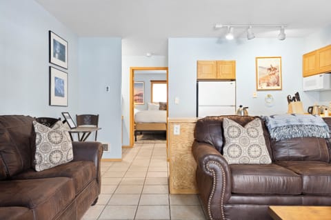 Living Room looking into Kitchen and Bedroom