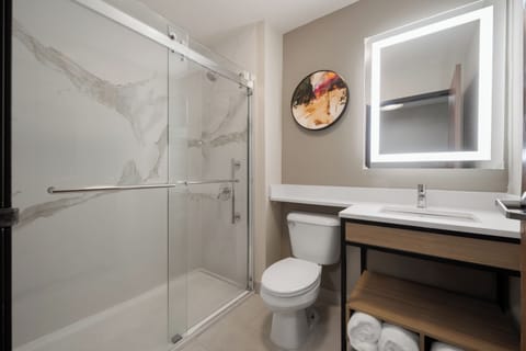 Shower, free toiletries, hair dryer, towels