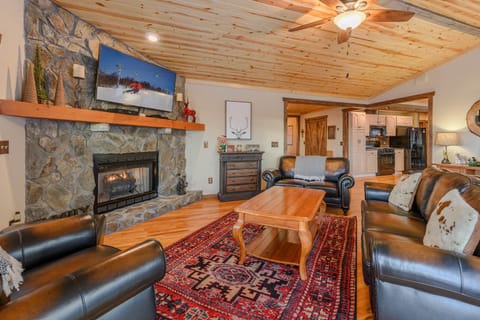 Living Room with Hardwood Floors and Stone Gas Fireplace