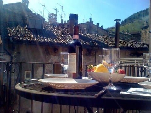 Terrace overlooking town center and mountains