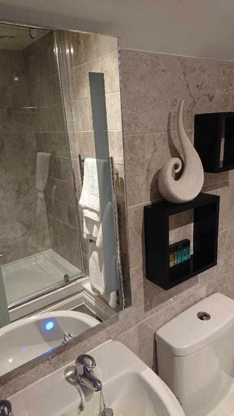 Shower, free toiletries, hair dryer, towels