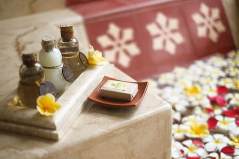 Separate tub and shower, deep soaking tub, designer toiletries