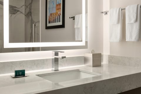 Combined shower/tub, free toiletries, hair dryer, towels