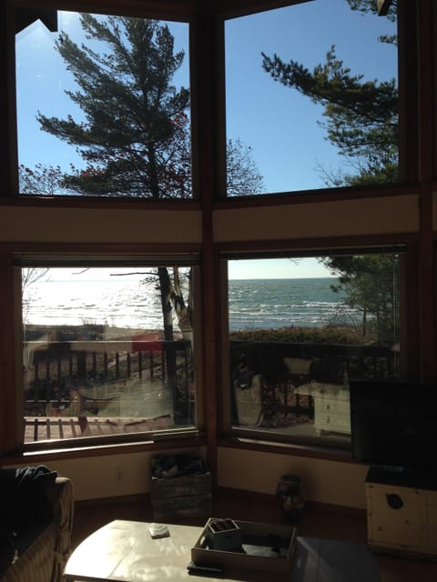 Large lakefront windows provide a stunning view of the lake in a natural setting