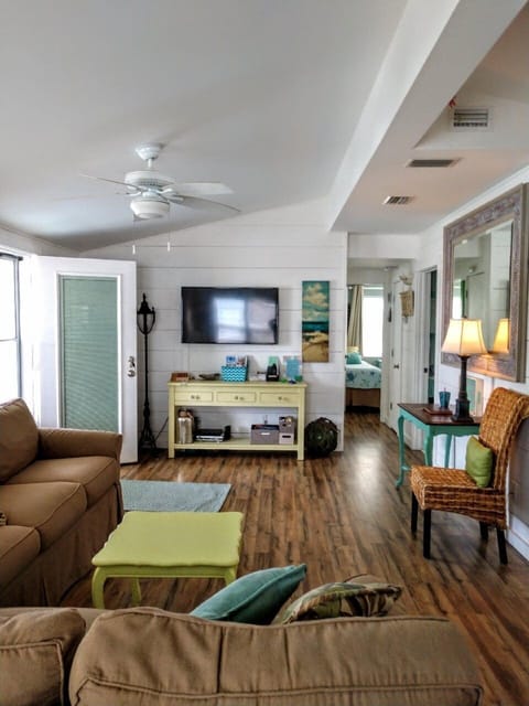 Spacious open living space with high ceiling