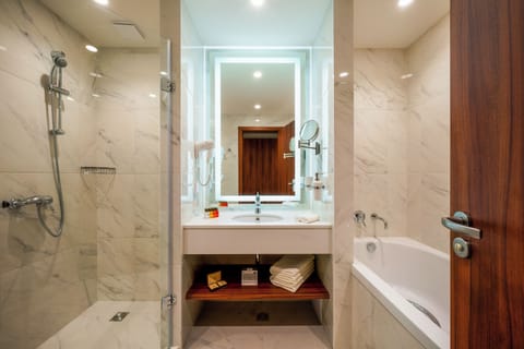 Separate tub and shower, free toiletries, hair dryer, bathrobes