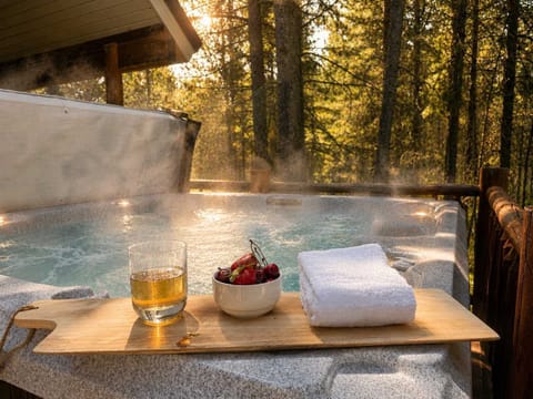 Relax in the hot tub on a misty rainy day.