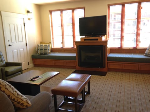 Family room with TV, DVD player, Fireplace, sofa bed and two window box beds 