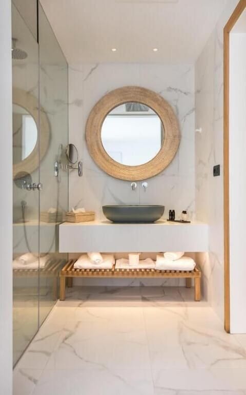 Shower, slippers, towels, soap