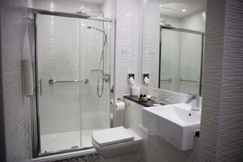 Combined shower/tub, free toiletries, hair dryer, towels