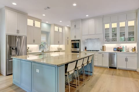 open concept kitchen, 4 under counter bar stools
