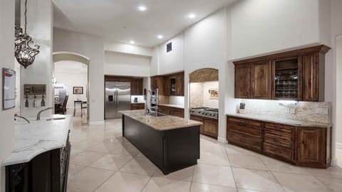 Grand luxury kitchen w/ endless counter space, large fridge, & chefs' gas stove