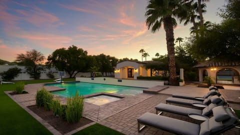 Sparkling large pool w/ spa, sun loungers, & hoop for water sports