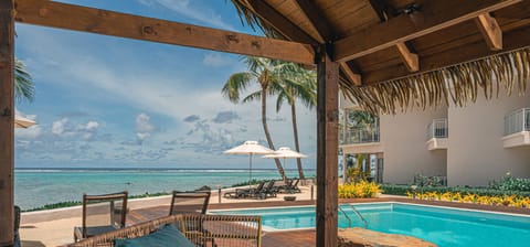 Outdoor pool, pool umbrellas, sun loungers
