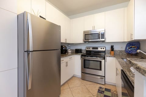 The kitchen features sleek stainless steel appliances, granite countertops, and a vibrant decorative plate for a lively touch
