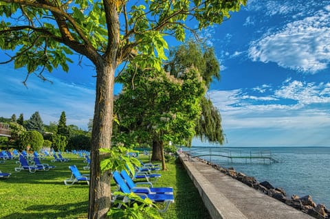 Sun loungers, beach umbrellas, beach volleyball