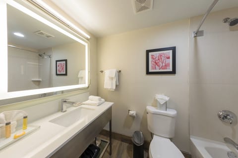 Combined shower/tub, designer toiletries, hair dryer, towels