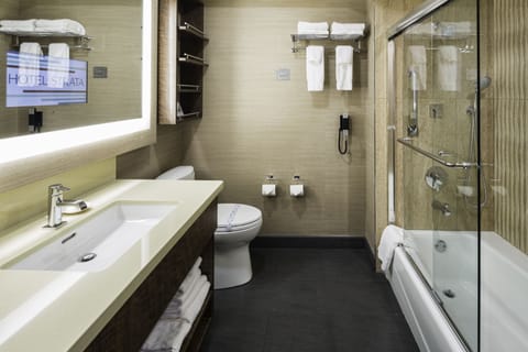 Combined shower/tub, hydromassage showerhead, designer toiletries