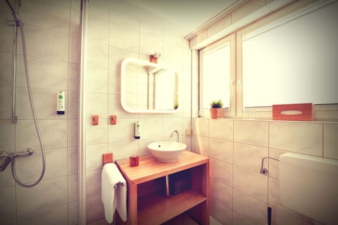 Shower, free toiletries, hair dryer, towels