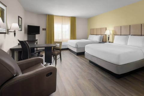 Desk, laptop workspace, blackout drapes, iron/ironing board