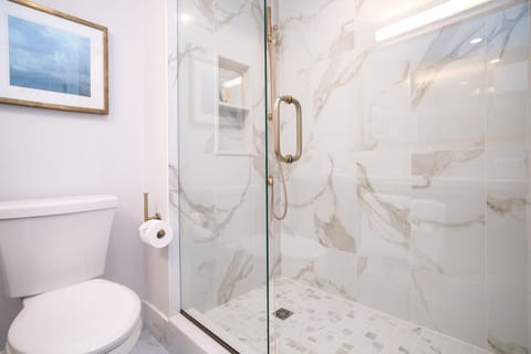 Shower, rainfall showerhead, designer toiletries, hair dryer