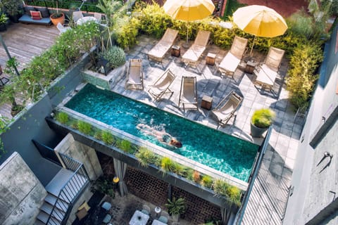 Outdoor pool, pool umbrellas, sun loungers