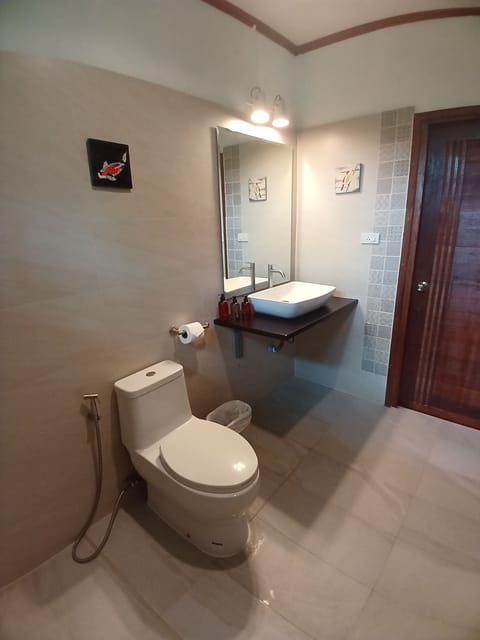 Shower, free toiletries, hair dryer, bidet