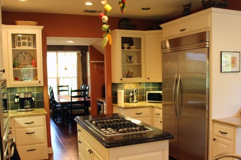 Kitchen with Fridge, Wine Bar to Dining Room